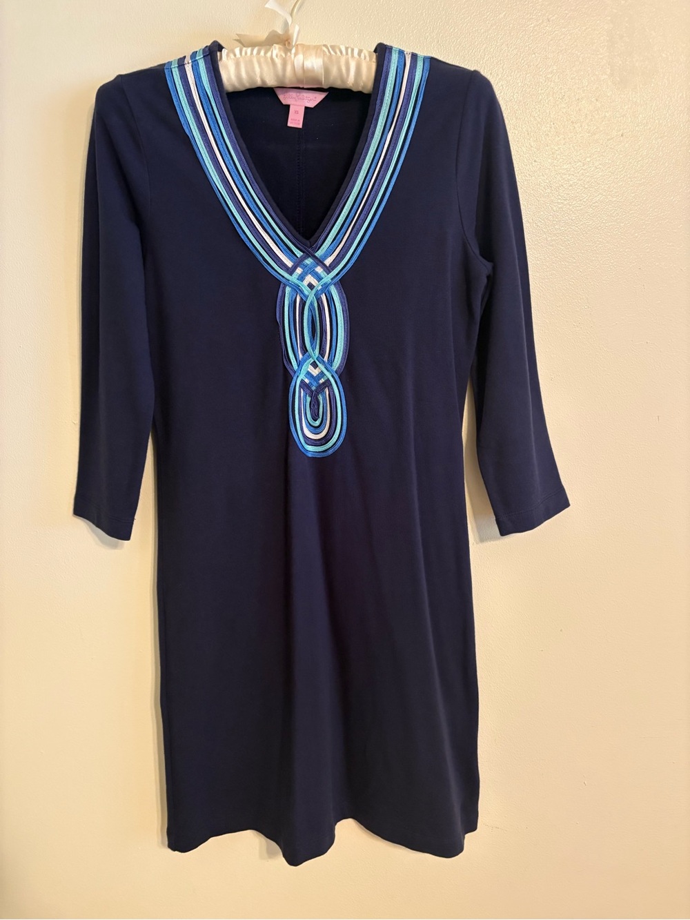 Lilly Pulitzer Navy Dress with Blue Stripe V-Neck Detail